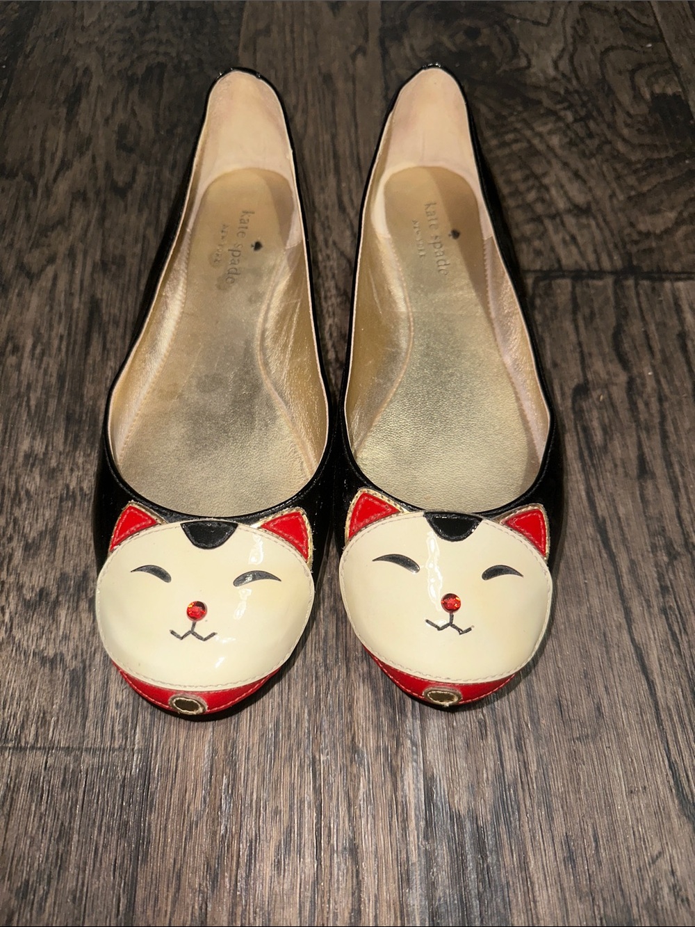 kate spade Black, Cream & Red Cat Face Ballet Flats